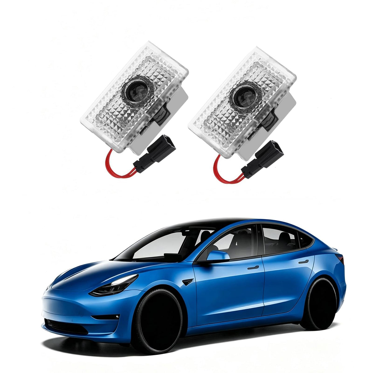 Meagkka projector on Model S door illuminating ground, improves entry visibility