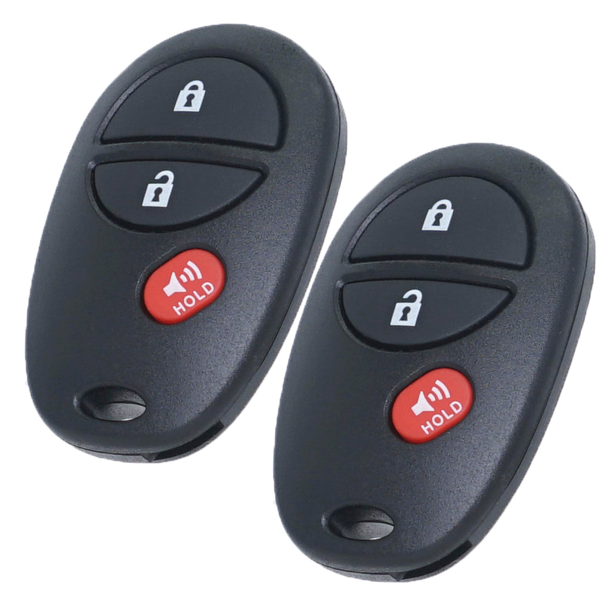 MechanMagic front view of replacement Toyota key fob showing three buttons and clear labeling benefits quick recognition