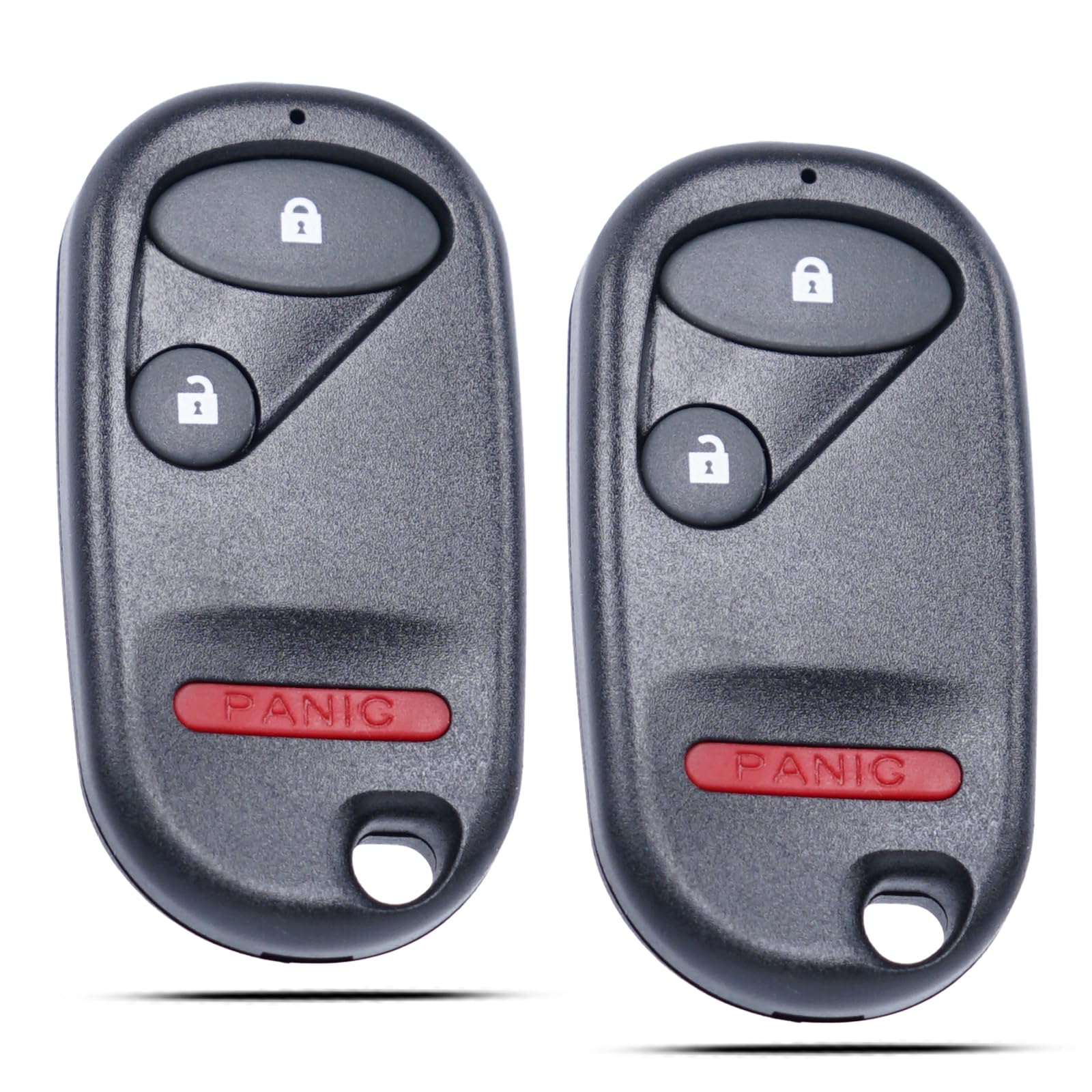 MechanMagic front view of two remotes showing three-button layout and easy replacement benefit