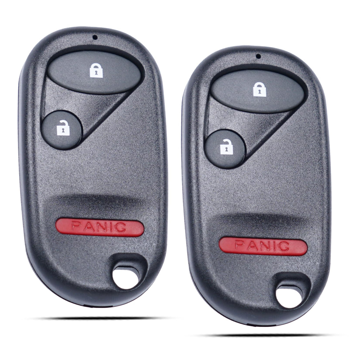 MechanMagic front view of two remotes showing three-button layout and easy replacement benefit