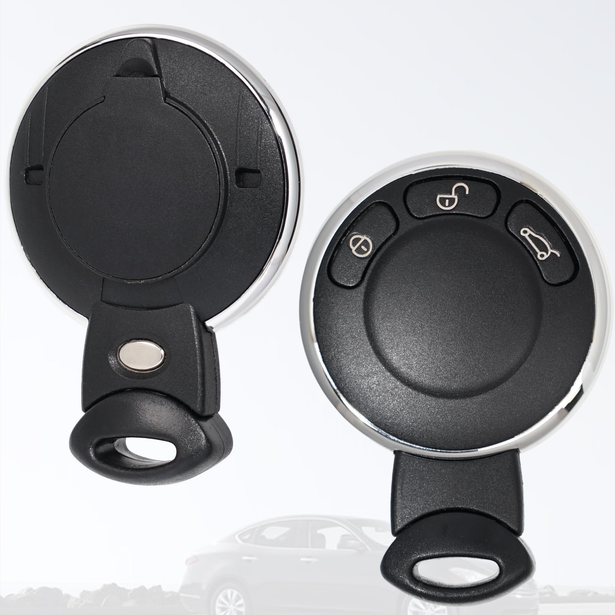 MechanMagic remote next to Mini Cooper fob to compare fit and correct replacement