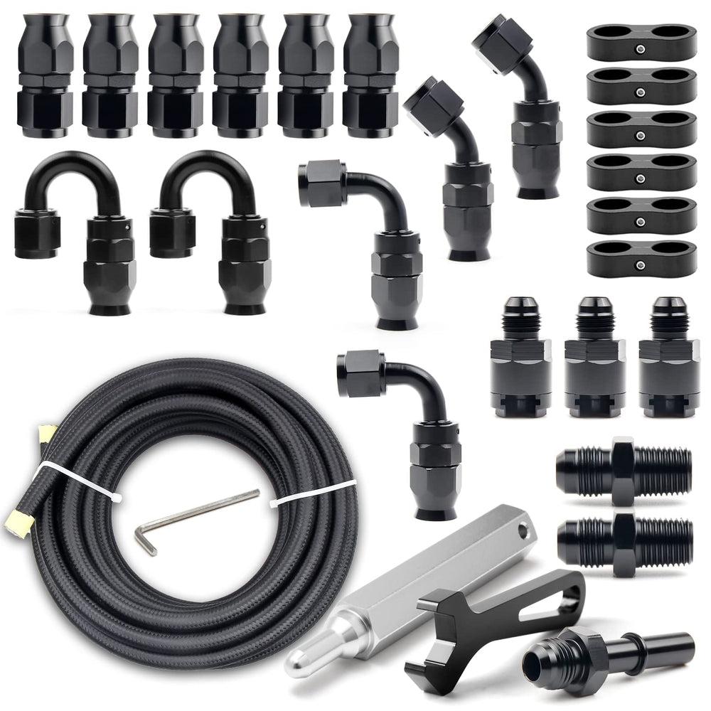 Medoon front packaging showing complete 6AN PTFE fuel kit and included parts for quick install