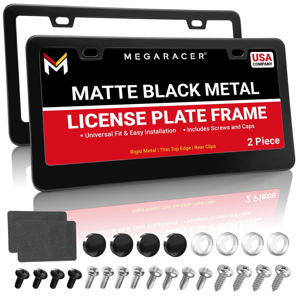 Mega Racer front view license plate frame showing sleek matte look and protection