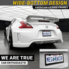 Mega Racer frame installed on a sedan front bumper for a clean, visible plate