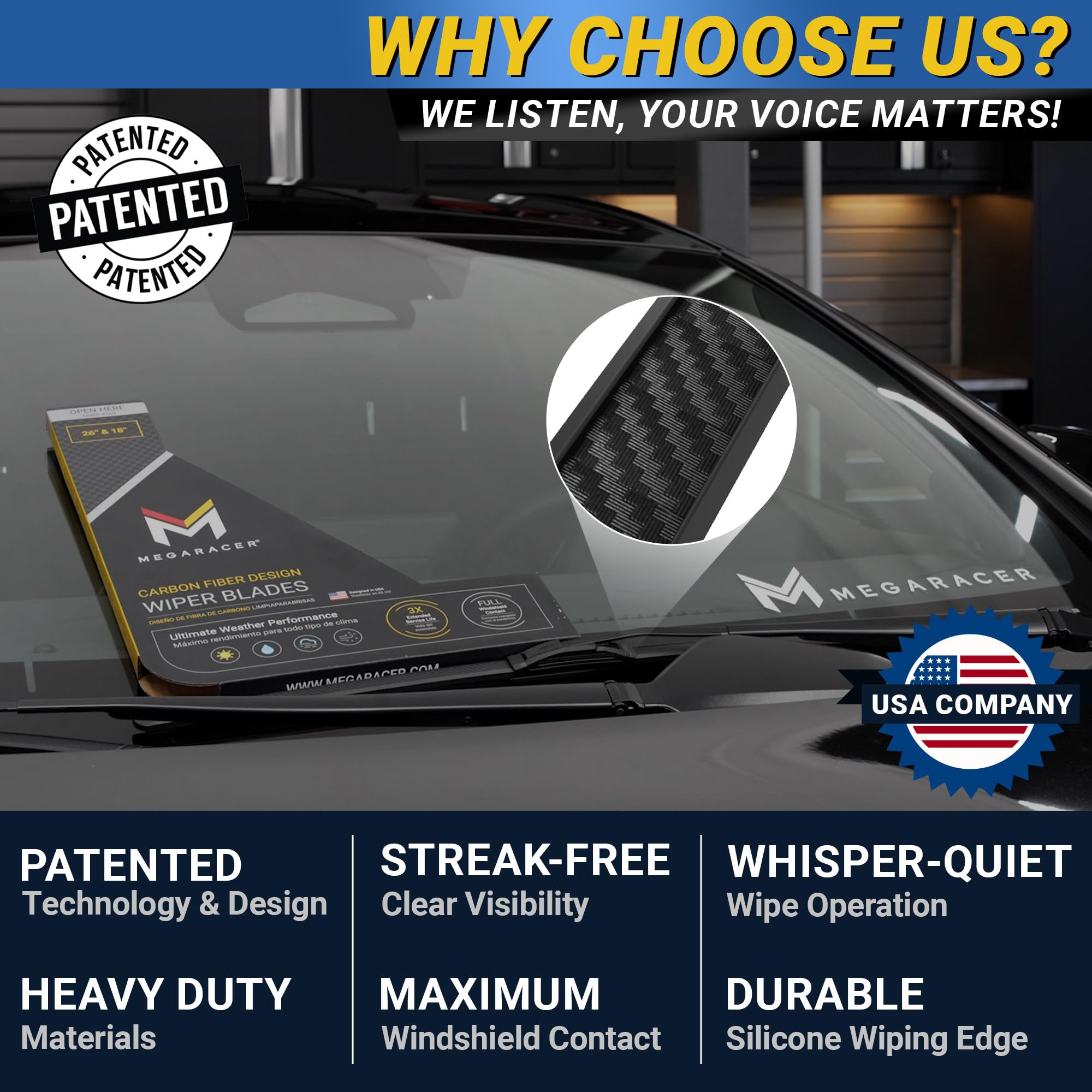 Mega Racer blades installed on windshield improving visibility on rain