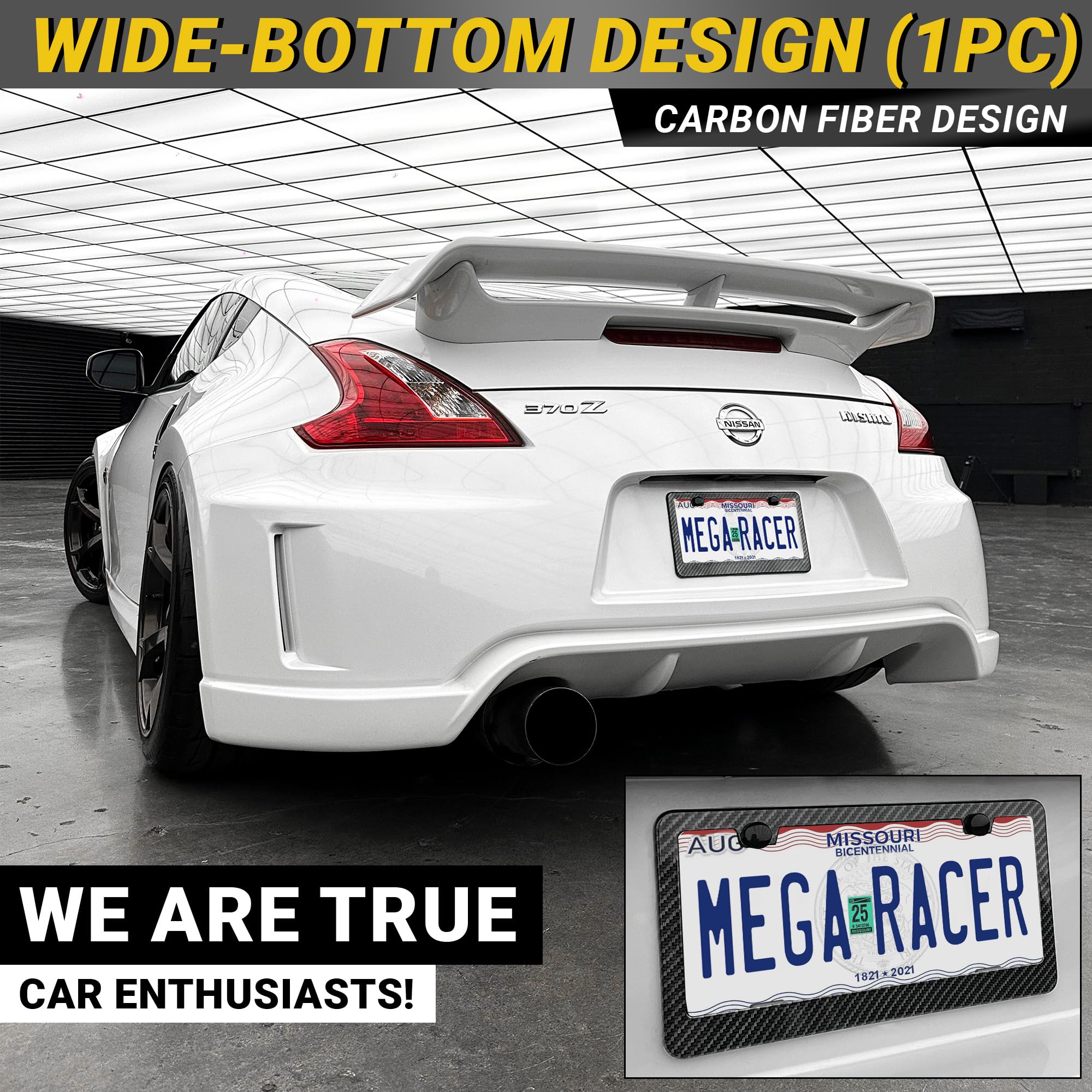 Mega Racer frame mounted on a black sedan illustrating sleek installed look