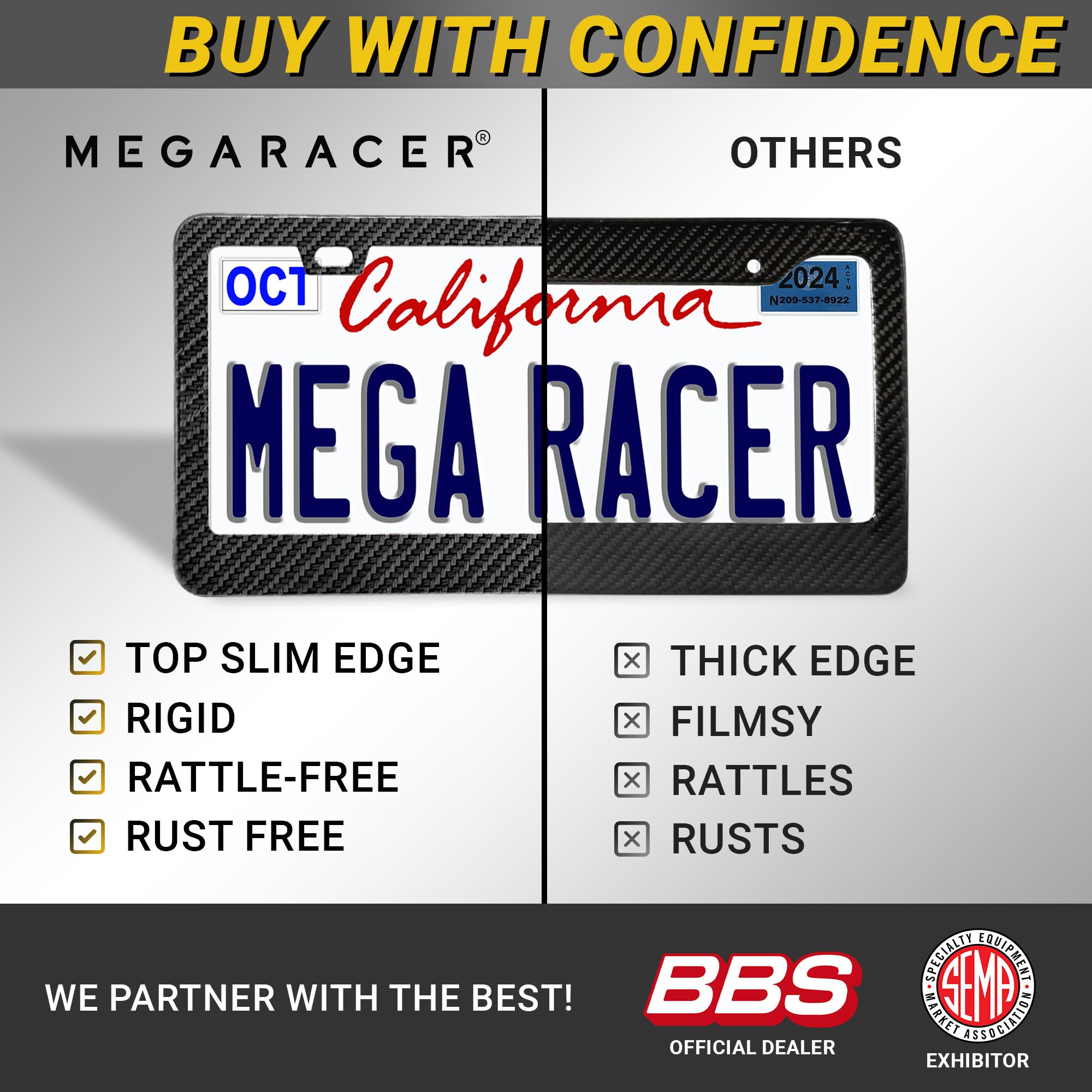 Mega Racer frame beside ruler showing standard U.S. plate sizing
