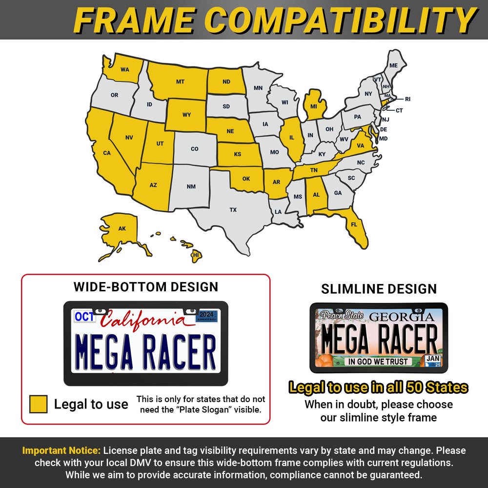 Mega Racer frame beside a standard plate demonstrating correct size fit