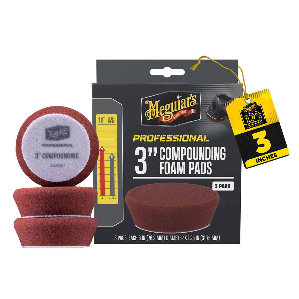 Meguiar's front packaging of 3" compounding pads showing product benefits