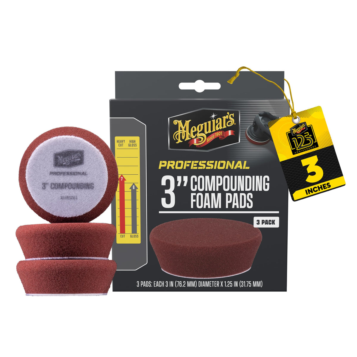 Meguiar's front packaging of 3" compounding pads showing product benefits
