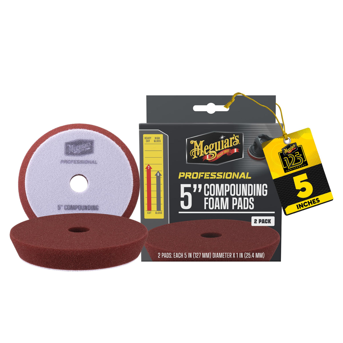 Meguiar's 5" compounding pads front pack showing contents and branding benefit durability