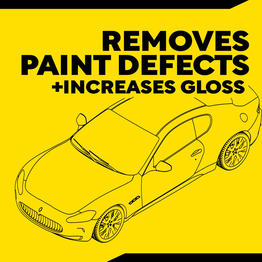 Meguiar's pad mounted on a rotary polisher demonstrating aggressive defect removal