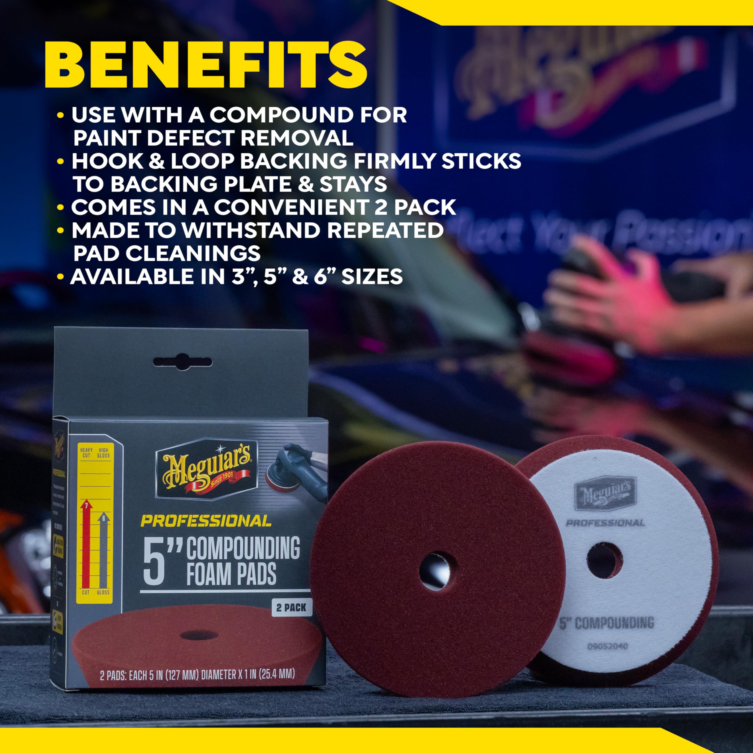 Meguiar's pads beside a compound bottle showing pairing for heavy defect correction