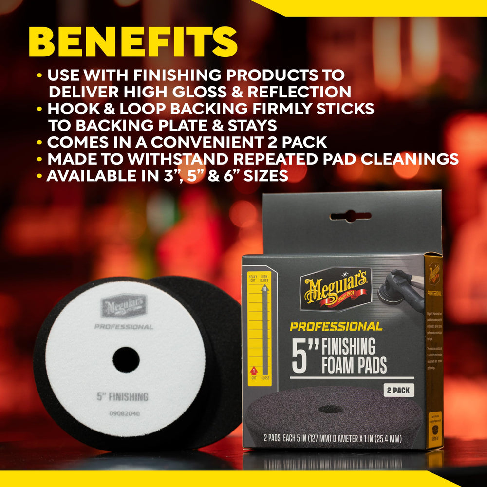 Meguiar's pad beside polish bottle shows pairing with finishing products