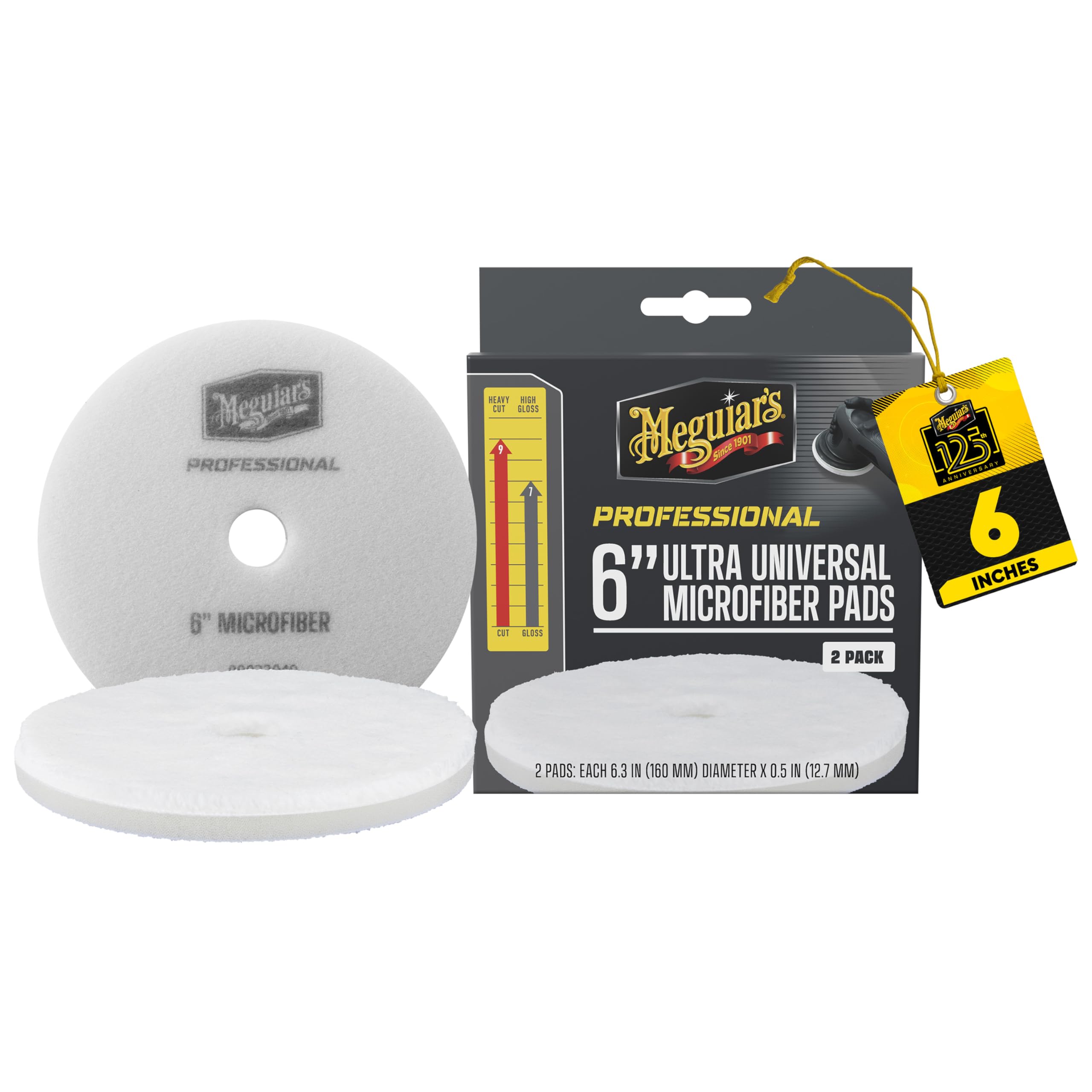 Meguiar's 6-inch pad front packaging showing two reusable pads and benefits