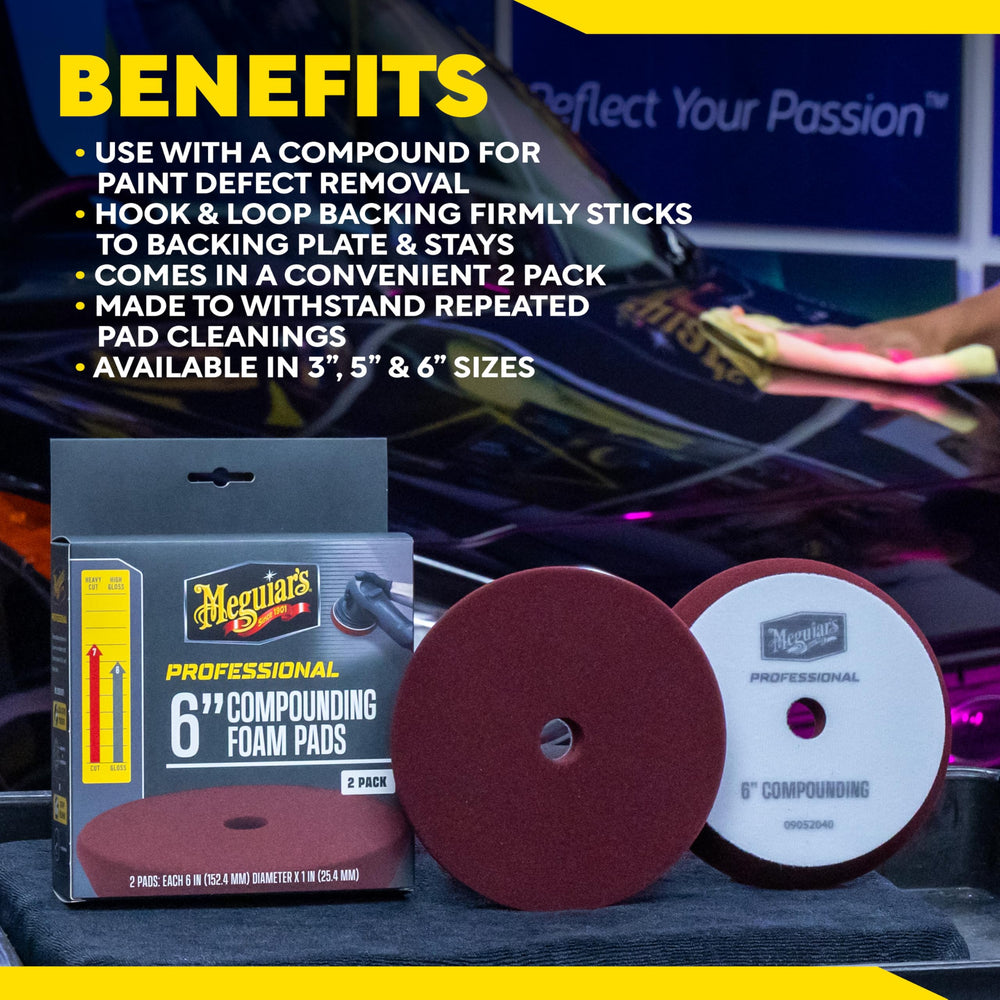 Meguiar's 6" pad two-pack packaging layout showing quantity and storage