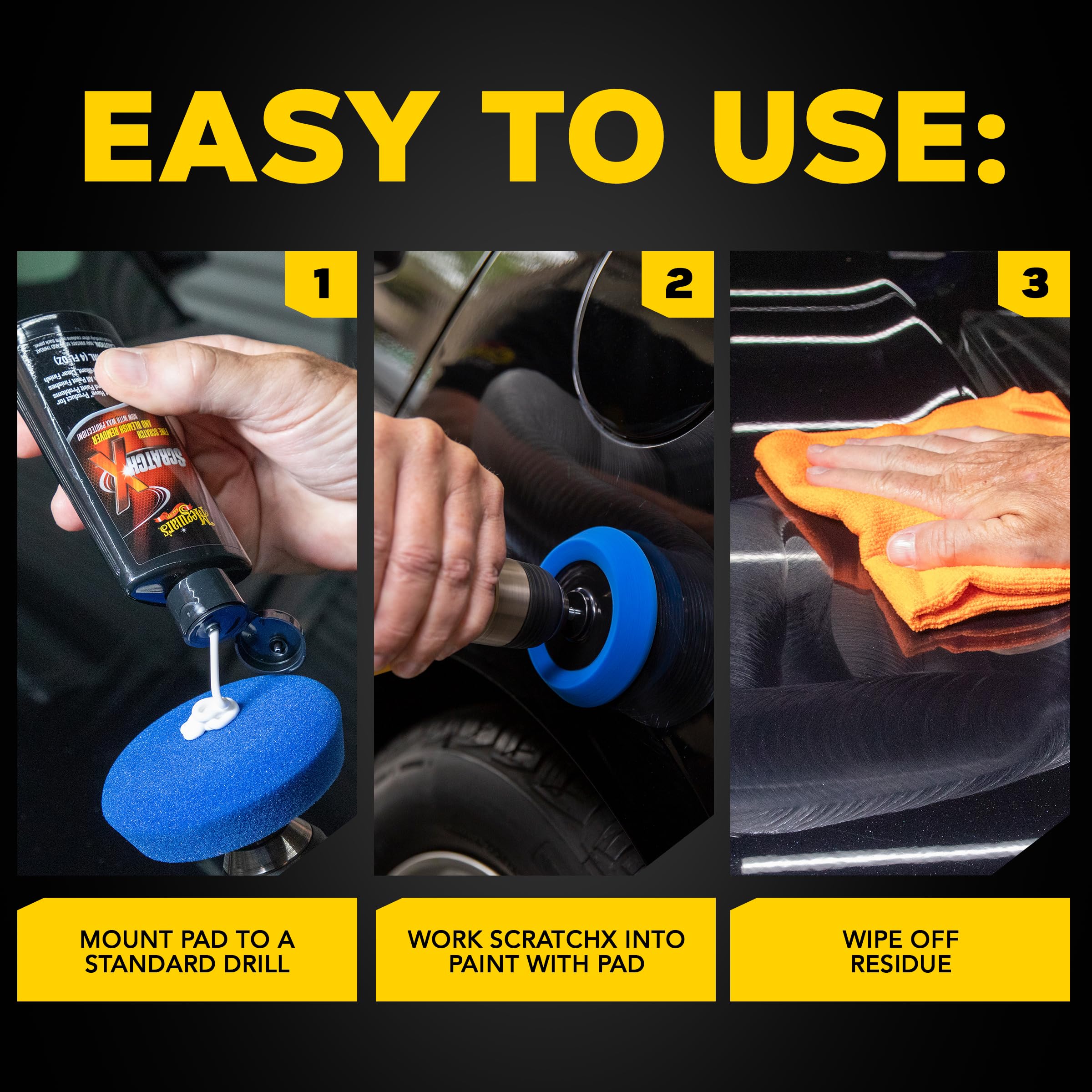 Meguiar's before and after door-handle area showing restored glossy finish