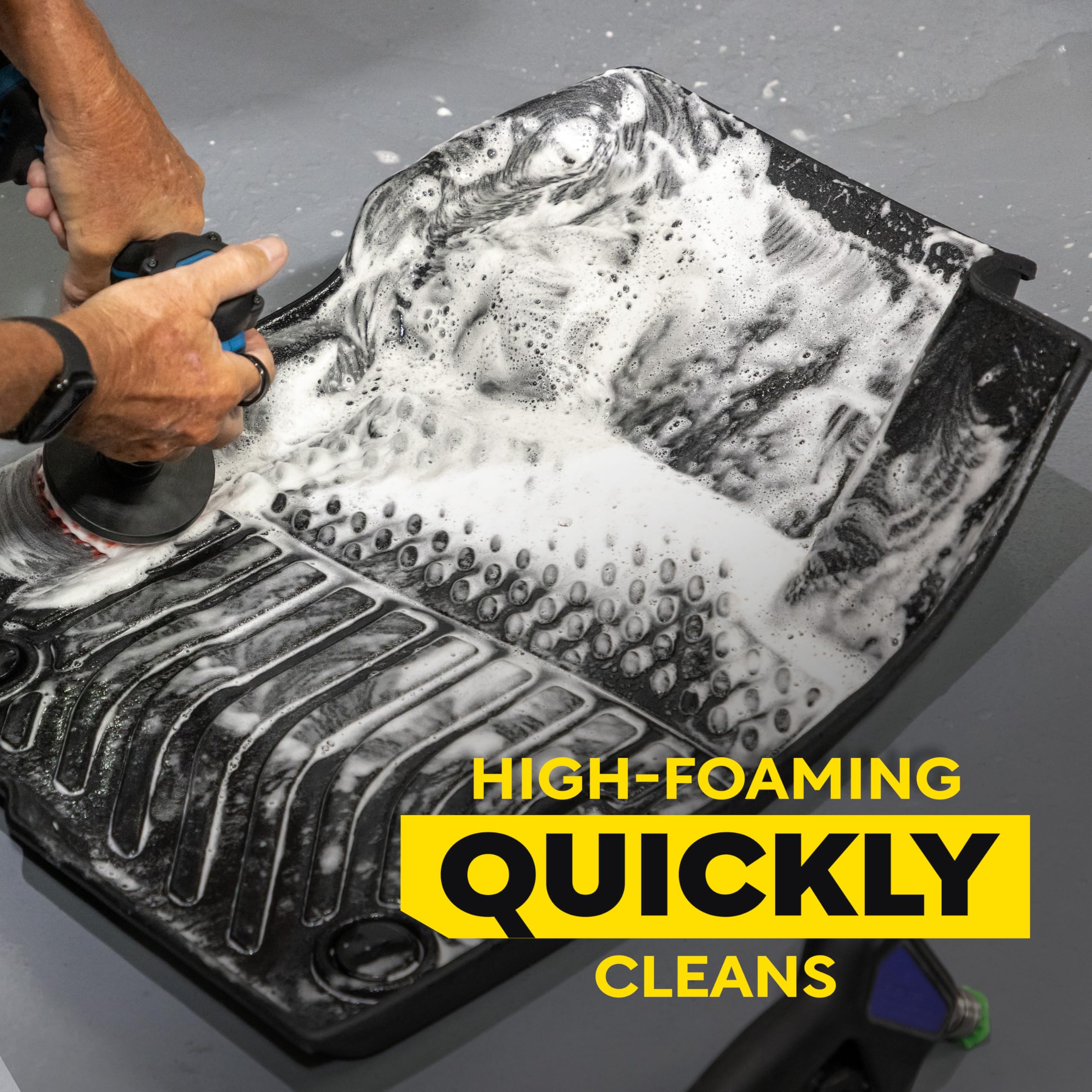 Meguiar's before and after floor mat comparison showing restored appearance and grime removal