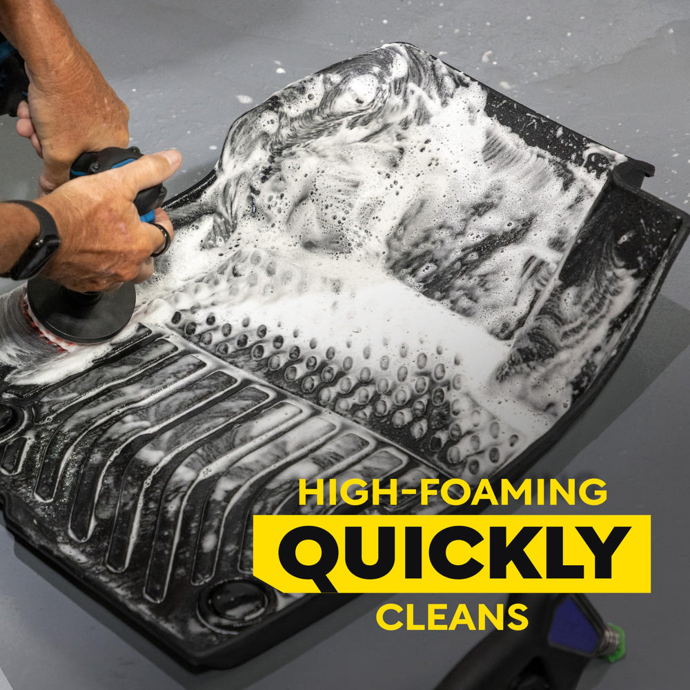 Meguiar's before and after floor mat comparison showing restored appearance and grime removal