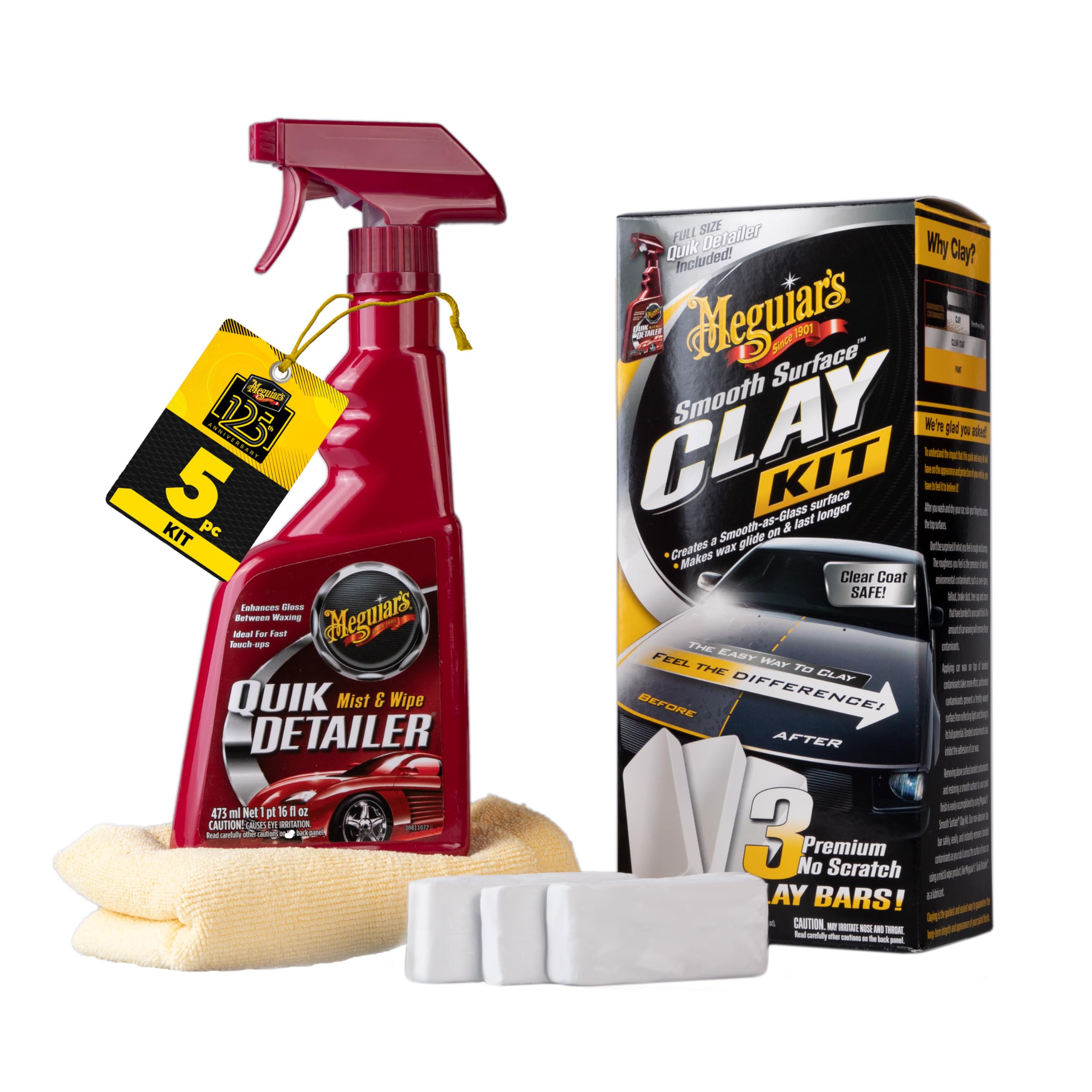 Meguiar's kit front packaging showing included clay bars and towel for easy prep