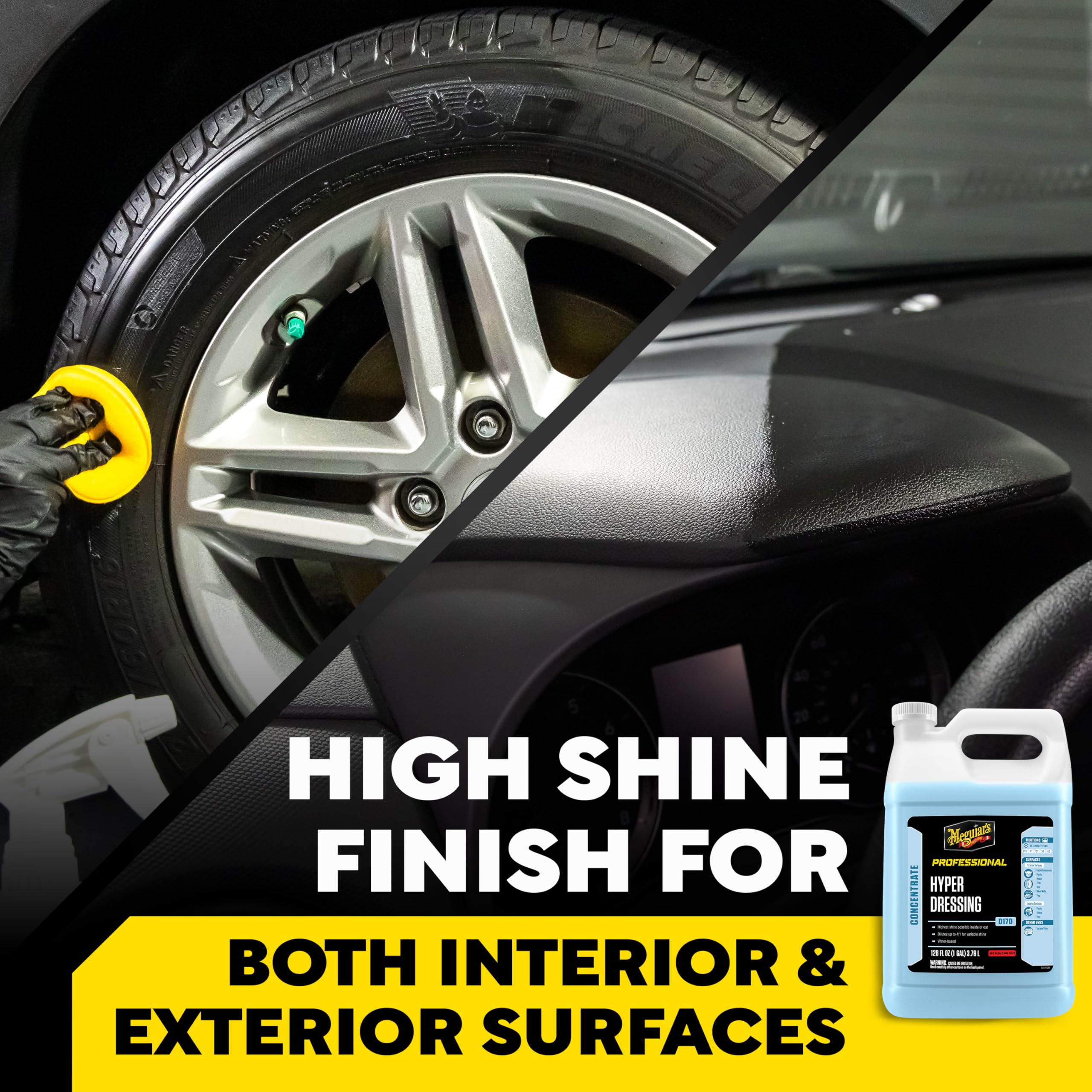 Meguiar's tire treated with D170 showing deep wet-look gloss and improved appearance