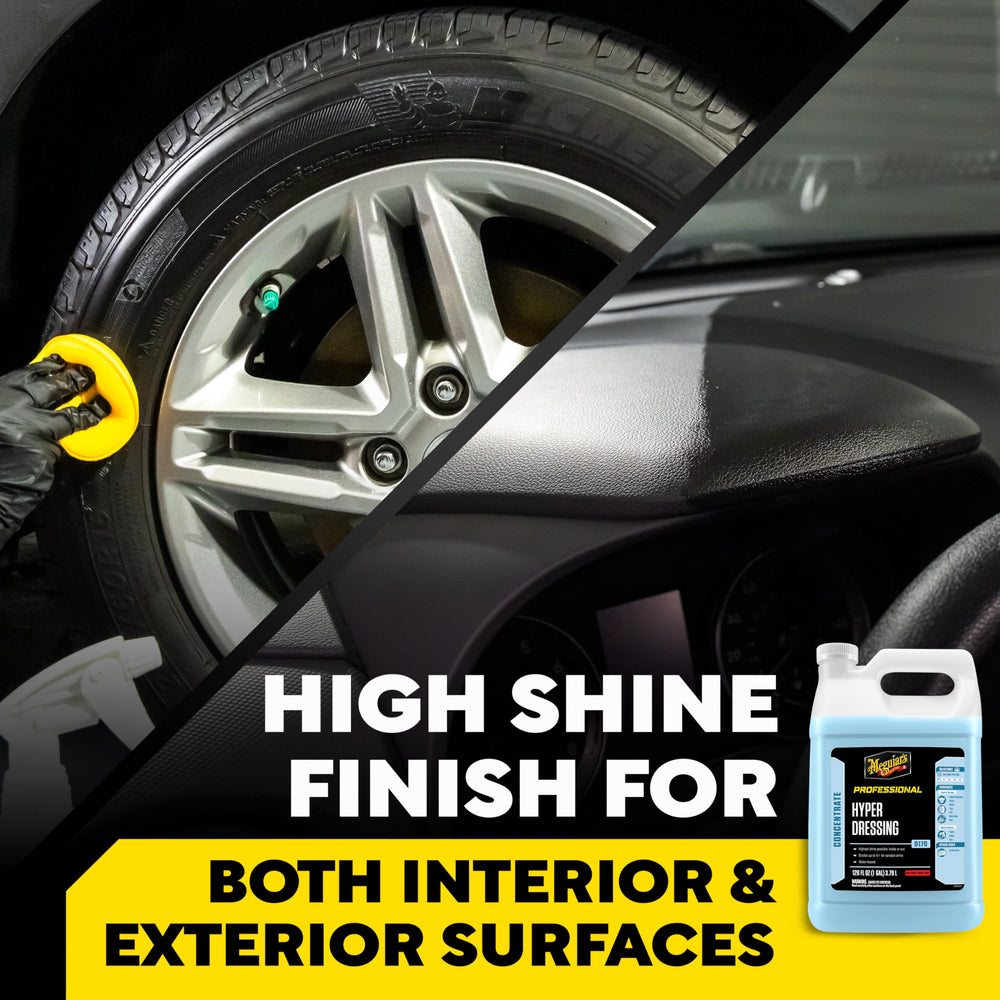 Meguiar's tire treated with D170 showing deep wet-look gloss and improved appearance