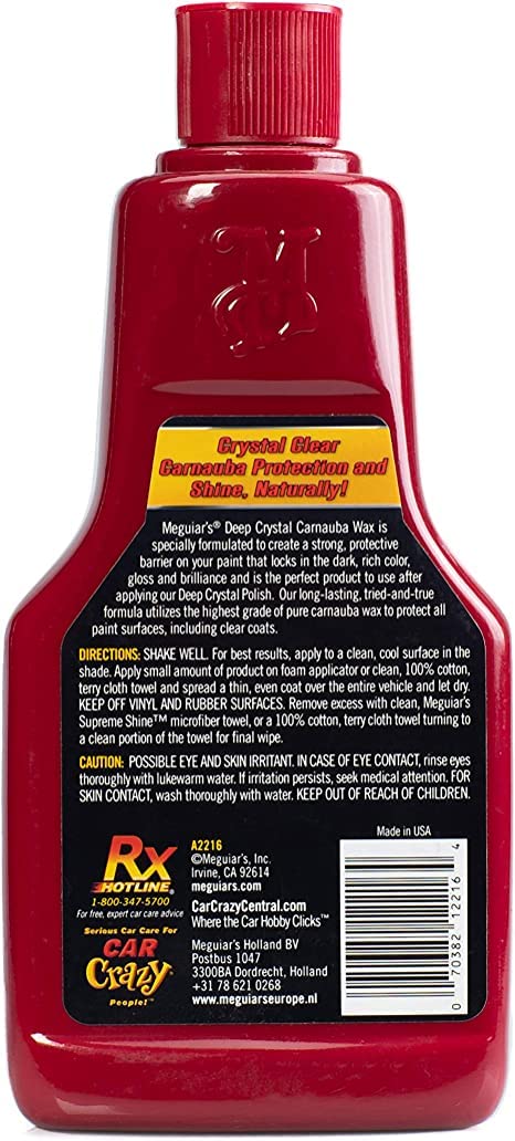 Meguiar's Deep Crystal being applied to black car hood by hand, showing improved gloss and depth