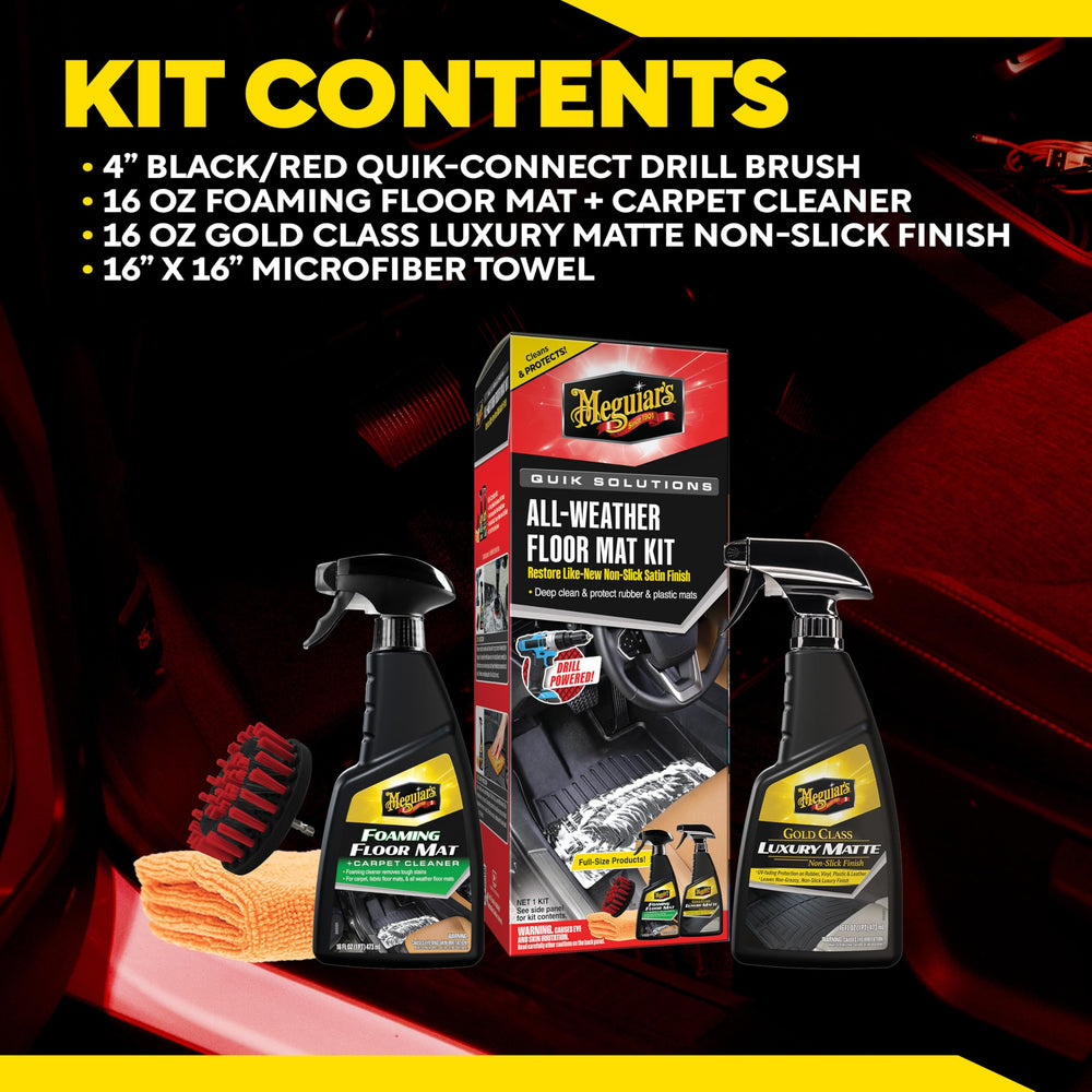 Meguiar's drill brush attachment ready to speed cleaning and remove embedded dirt from textured mats
