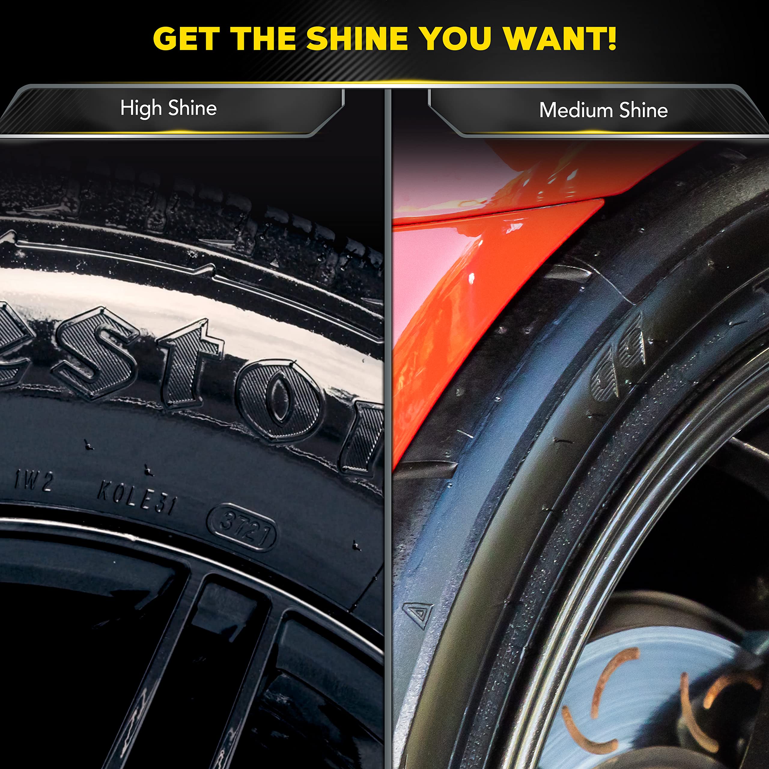 Meguiar's dramatic tire before and after demonstrating restored deep black finish