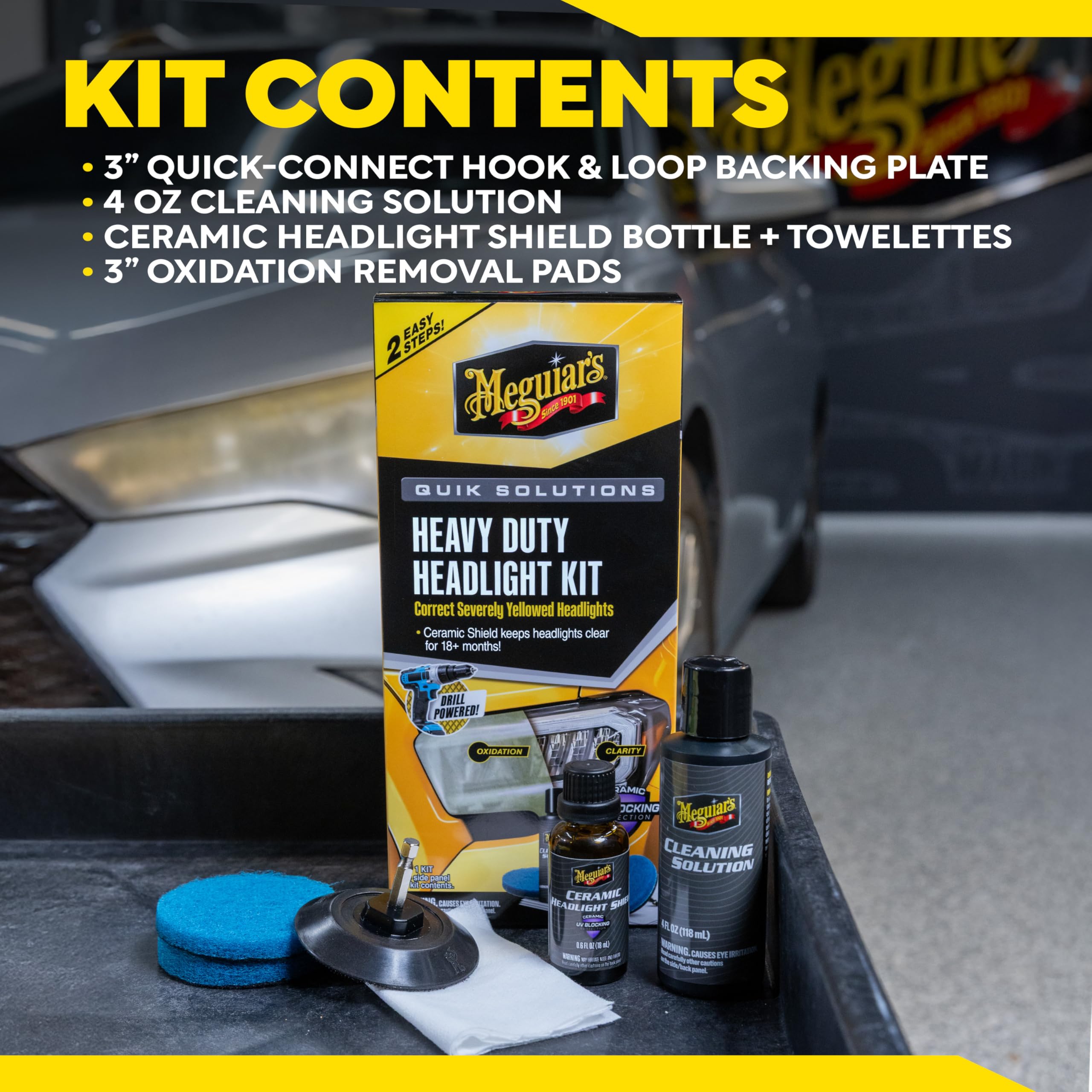 Meguiar's kit contents arranged displaying all included pads, bottles, and towelettes