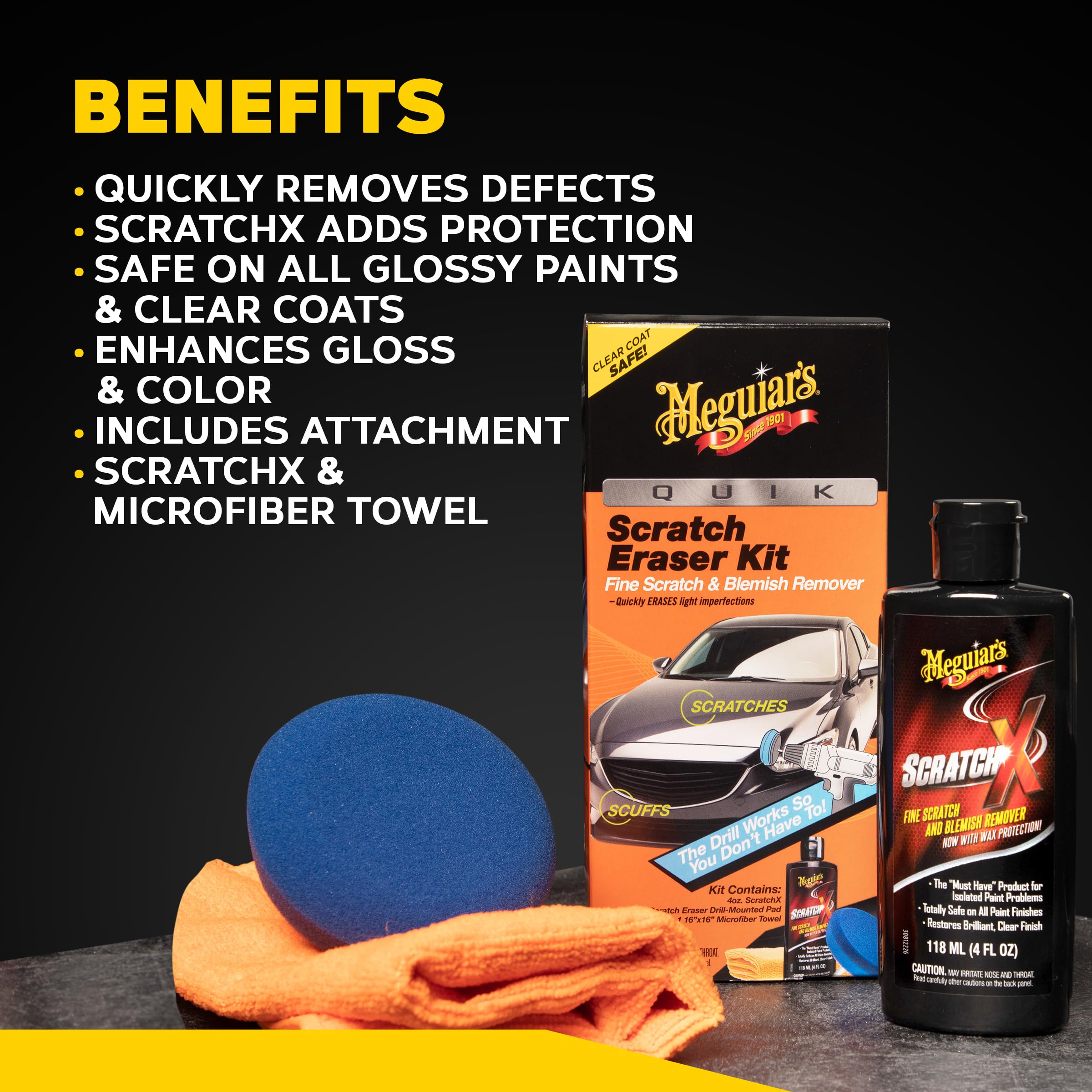 Meguiar's kit contents laid flat showing pad, ScratchX bottle, and towel