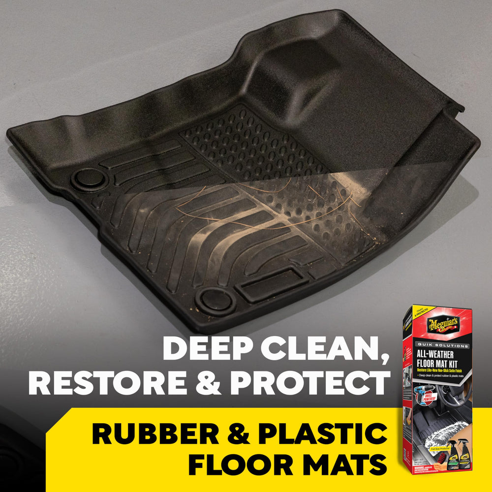 Meguiar's kit in use with technician scrubbing a floor liner to demonstrate efficient cleaning steps