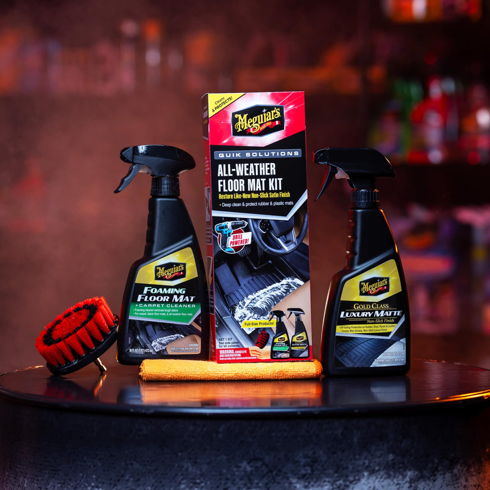 Meguiar's kit staged in a car interior conveying professional results and maintained cabin appearance