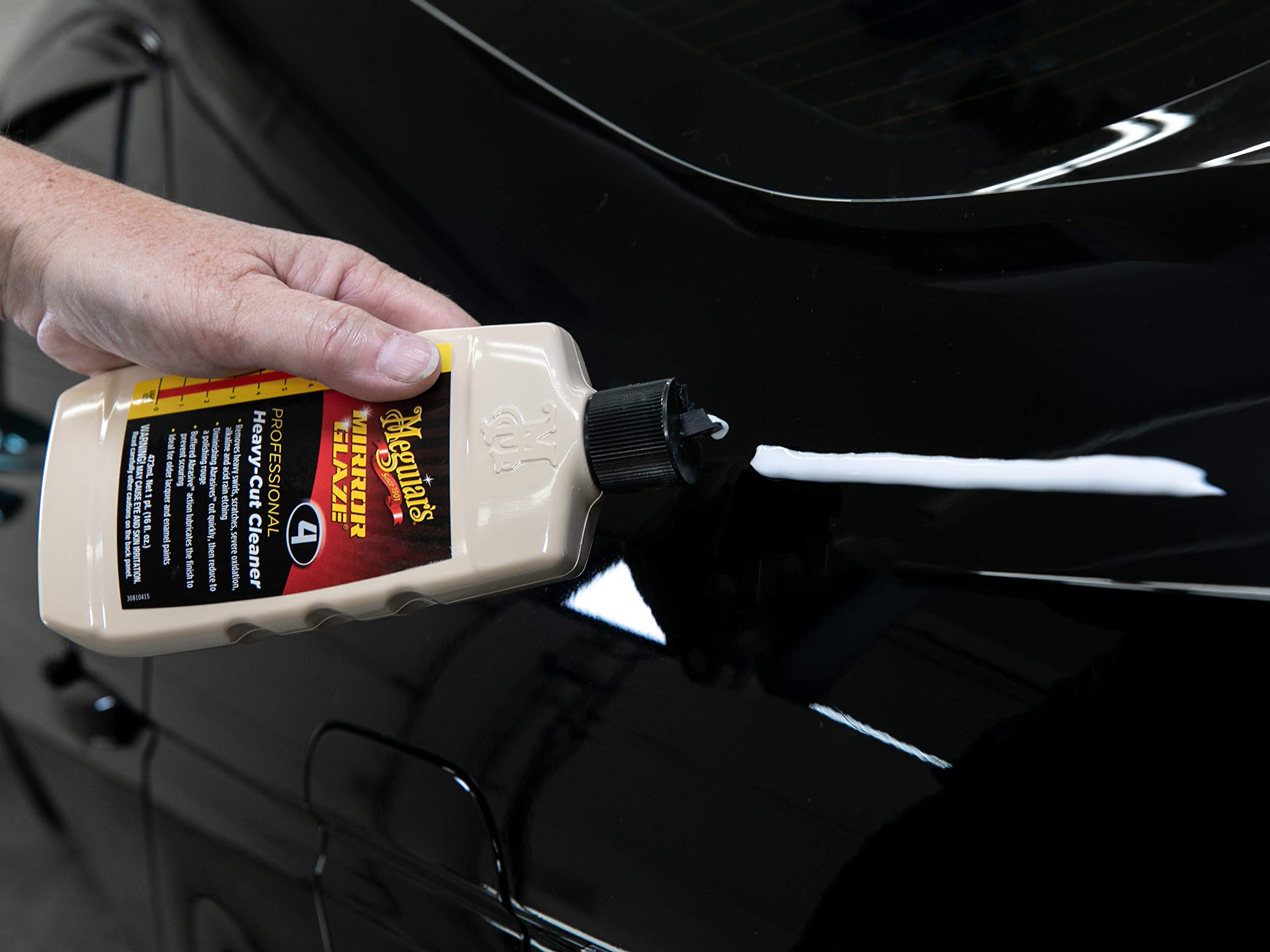 Meguiar's M04 before and after panel showing restored gloss benefit