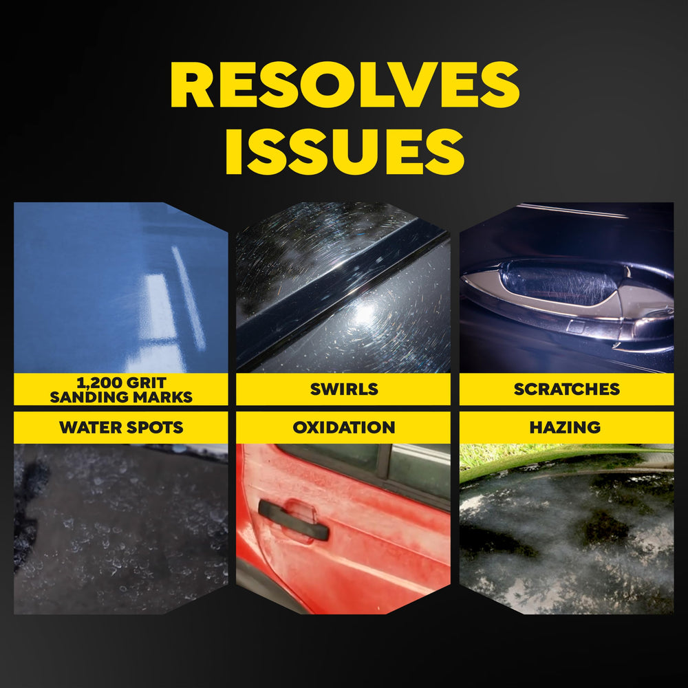 Meguiar's before-and-after panel showing scratch removed and gloss restored