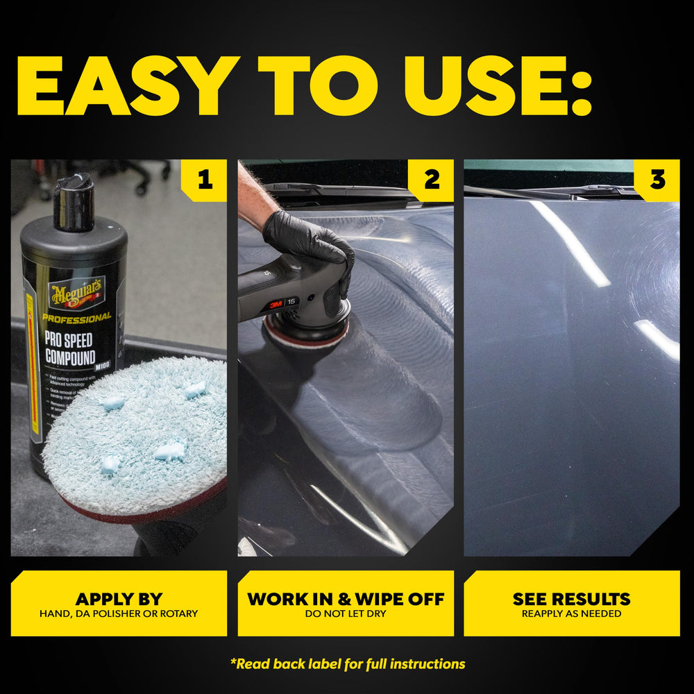 Meguiar's applied on car panel with polisher showing heavy defect removal
