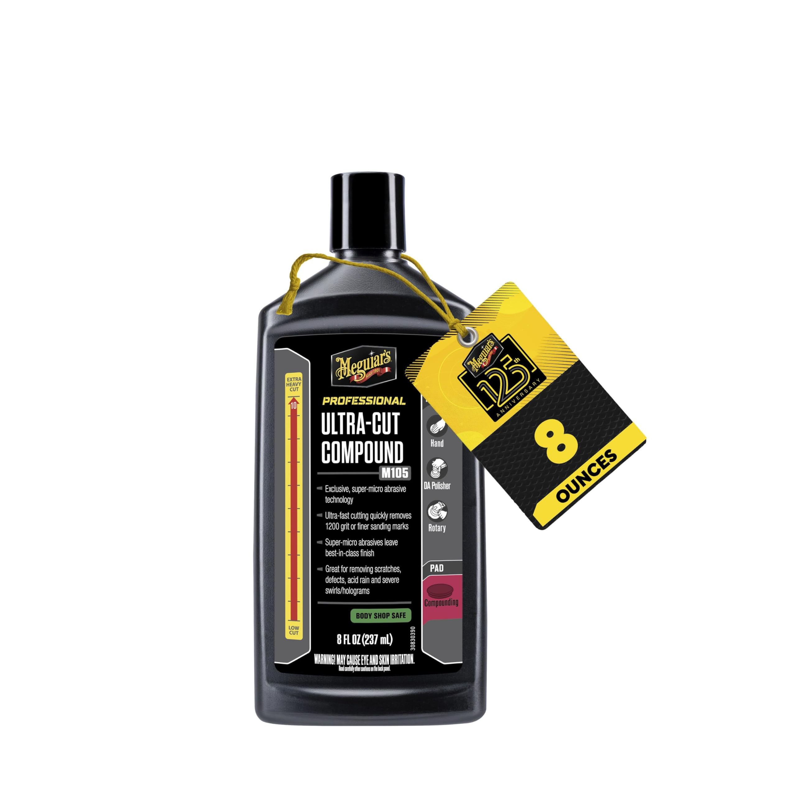 Meguiar's M105 front jar showing product branding and compact size benefit