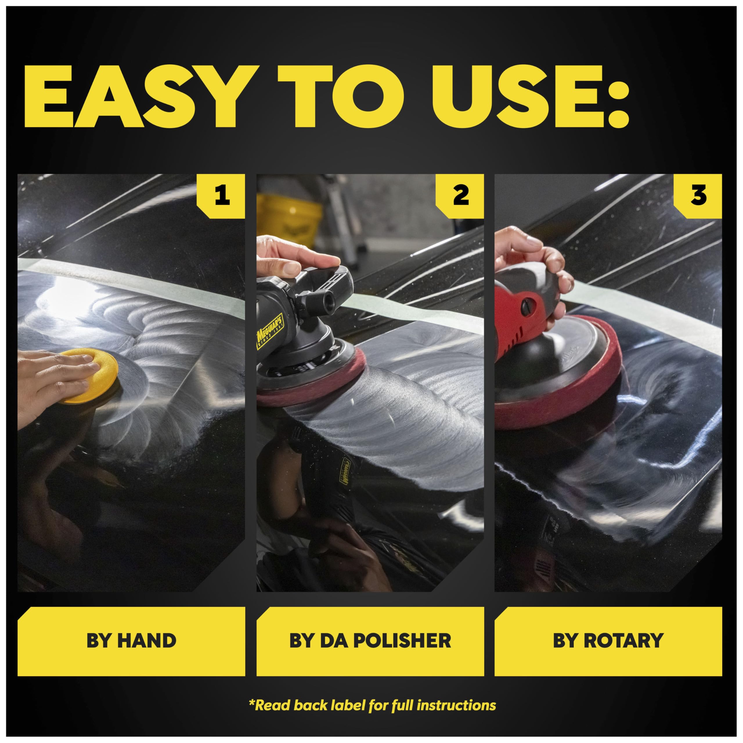 Meguiar's M105 before and after panel illustrating restored gloss benefit