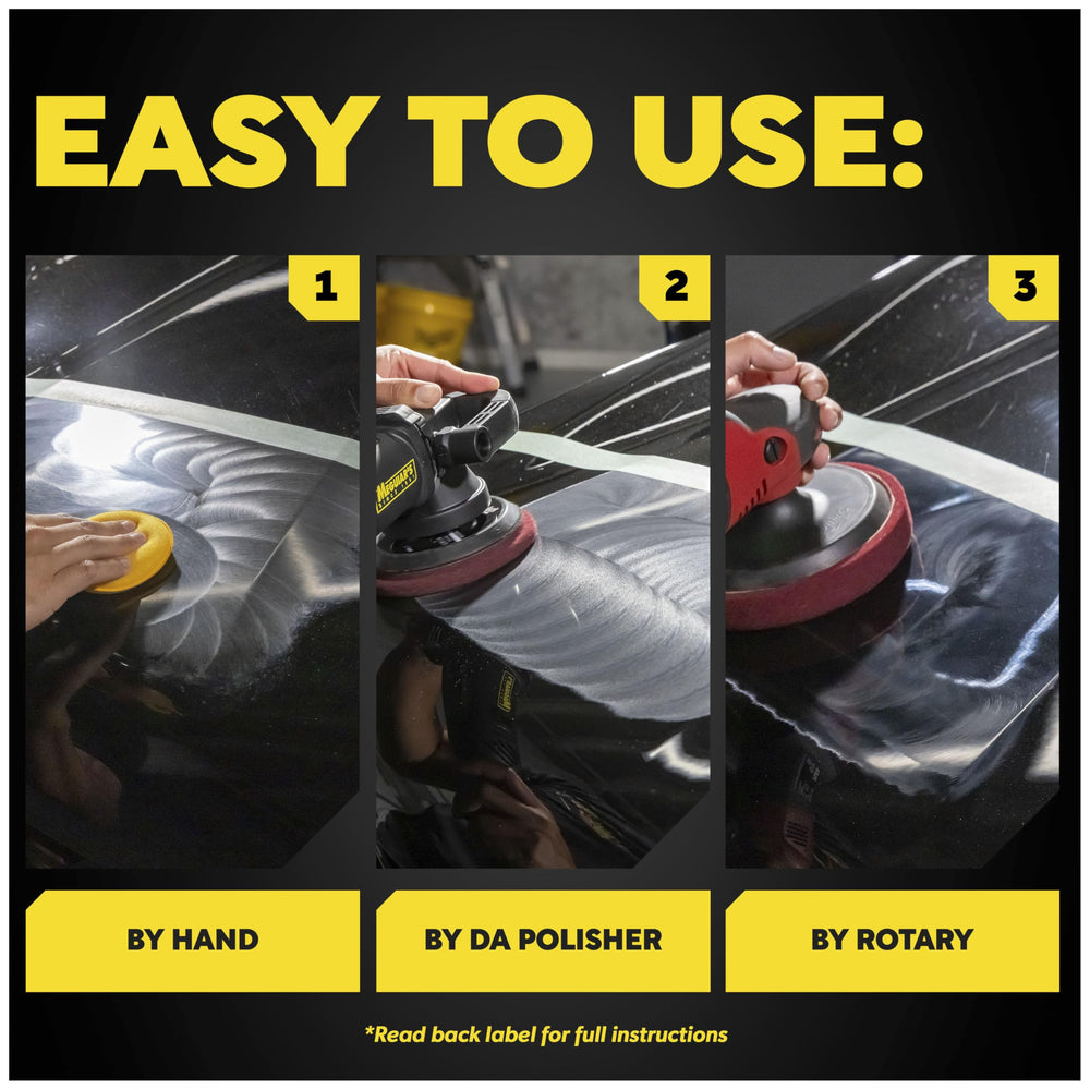 Meguiar's M105 before and after panel illustrating restored gloss benefit