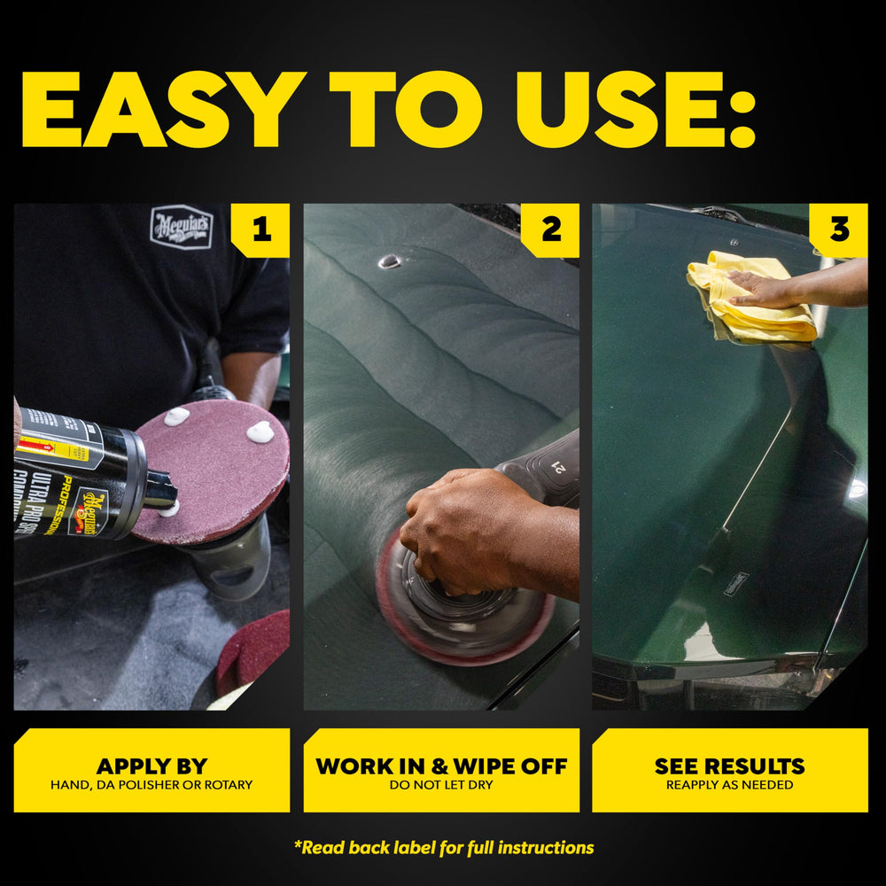 Meguiar's before and after panel showing defect removal and improved gloss