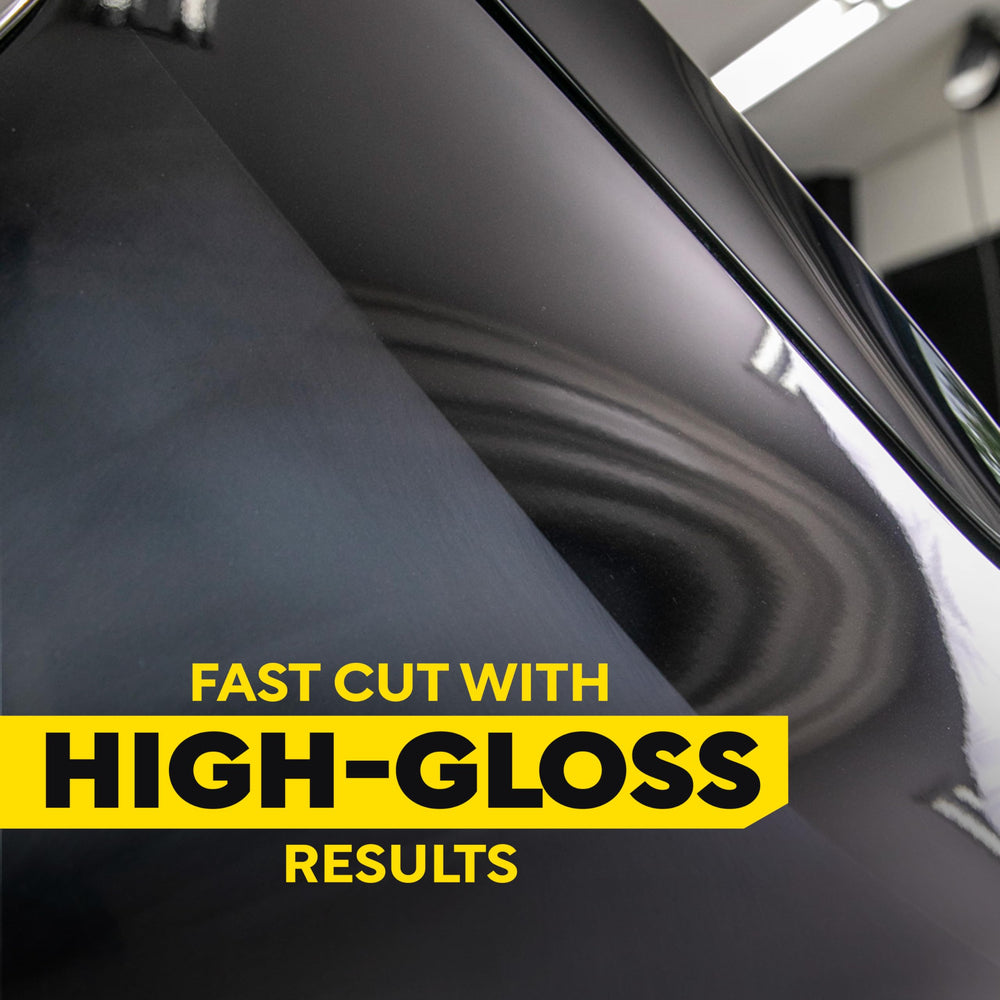 Meguiar's on rotary buffer demonstrating heavy cut capability and speed