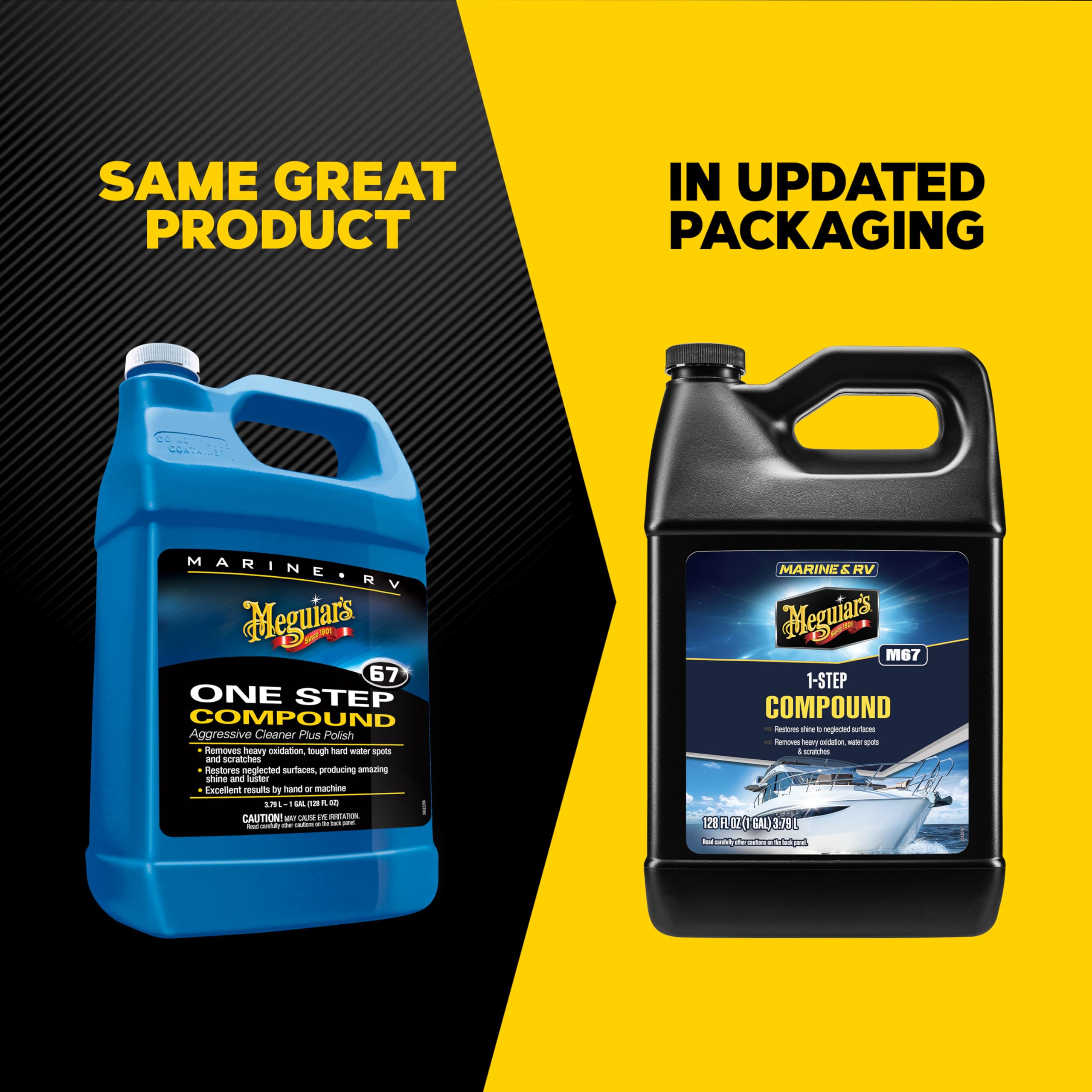 Meguiar's M67 before and after hull panel showing restored gloss