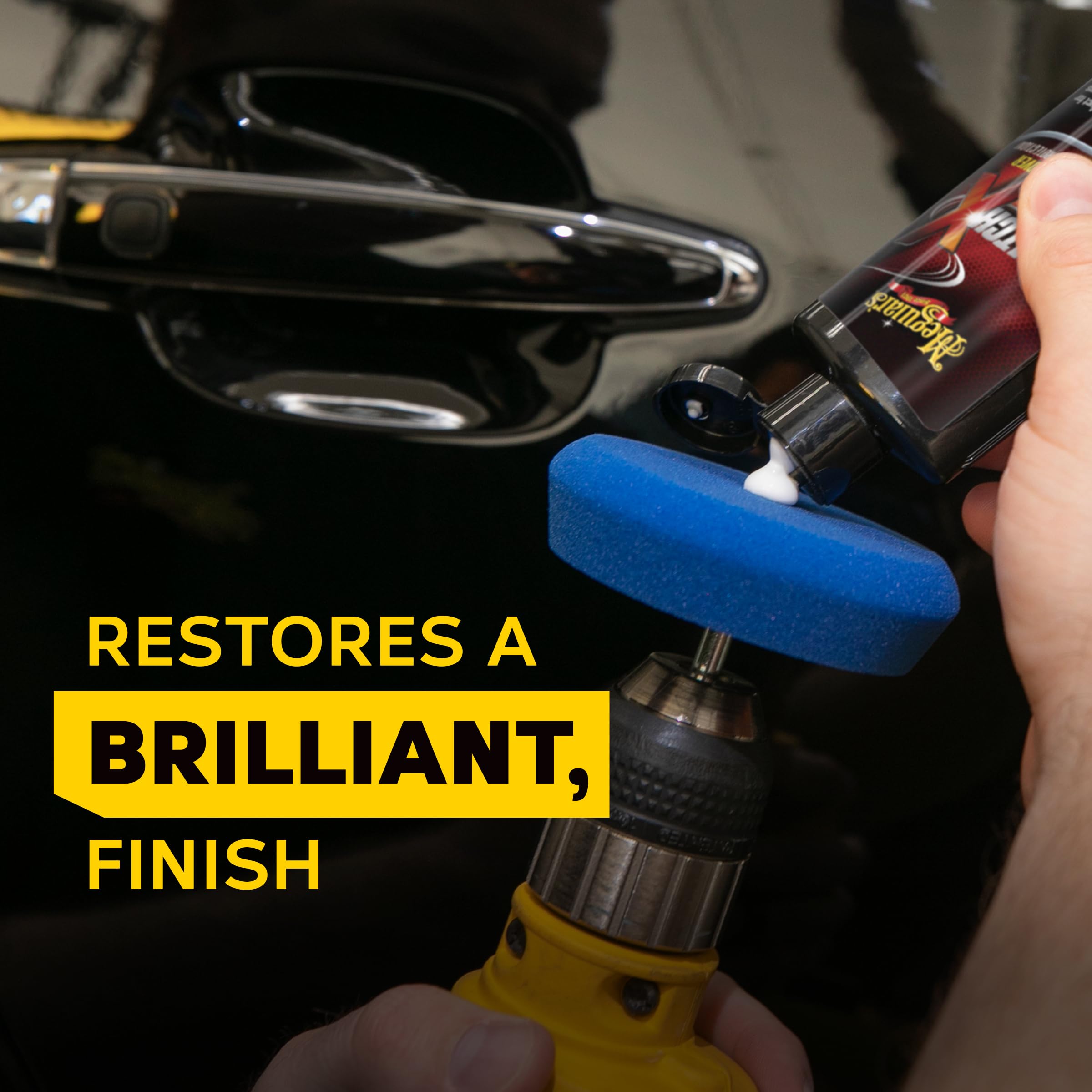 Meguiar's pad attached to drill in hand demonstrating easy power-assisted use