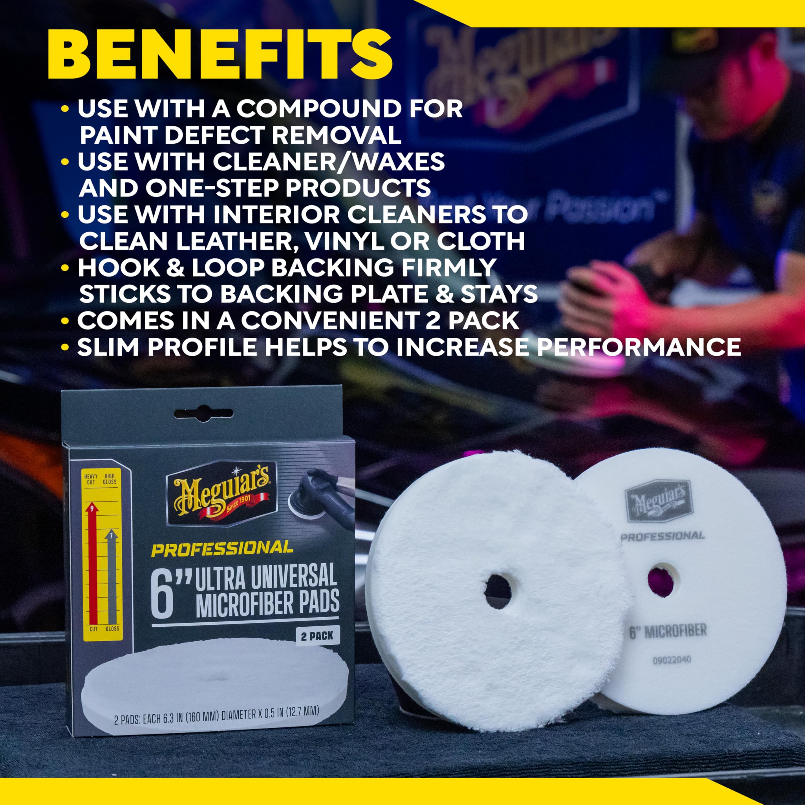 Meguiar's pad beside compound bottle showing product pairing for defect removal