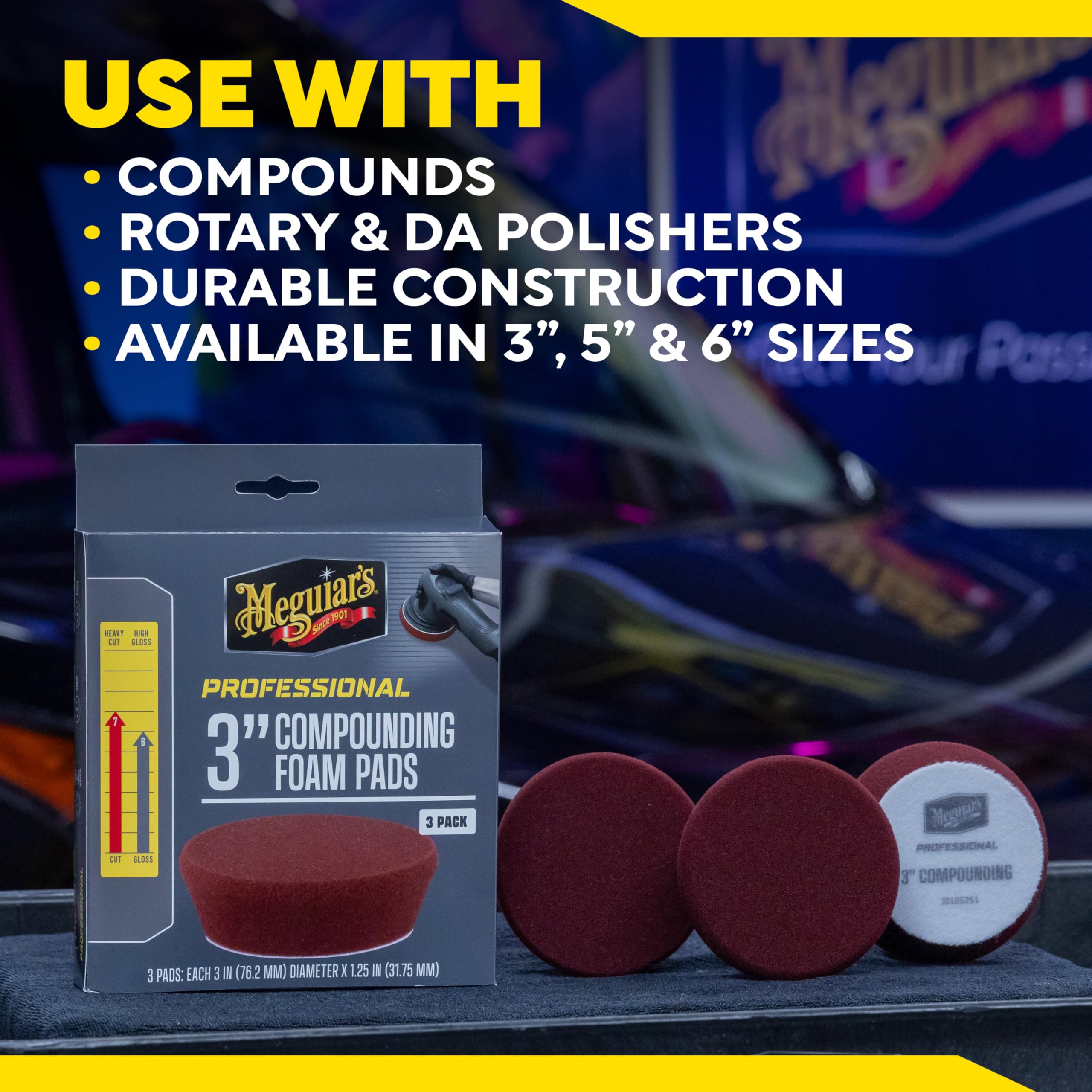 Meguiar's 3" pad next to 5" and 6" pads showing compact size benefit