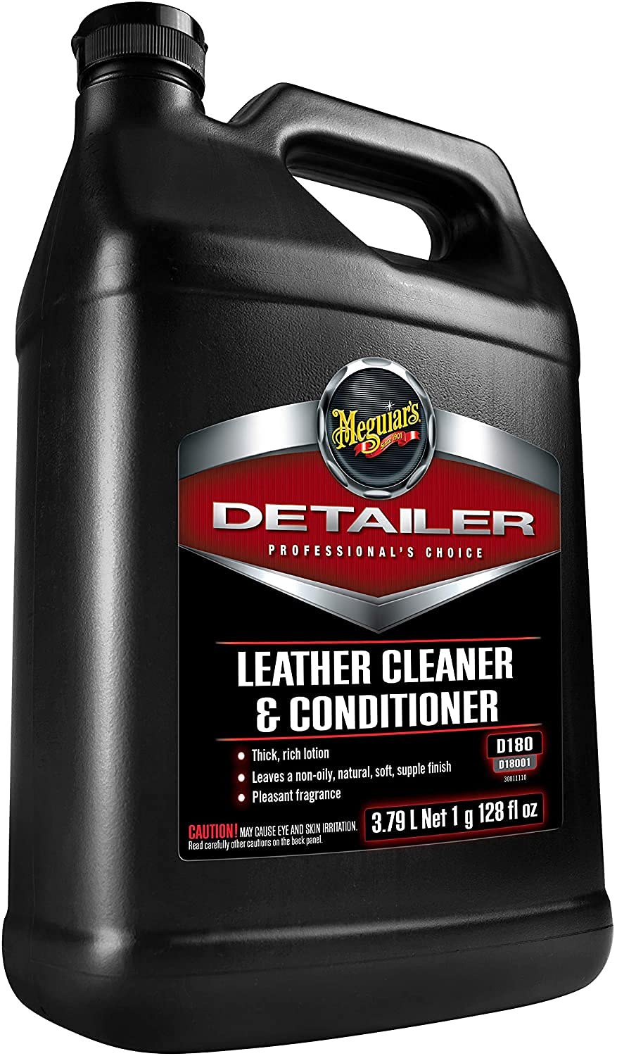 Meguiar's treated leather seat close-up showing restored texture and natural-looking finish