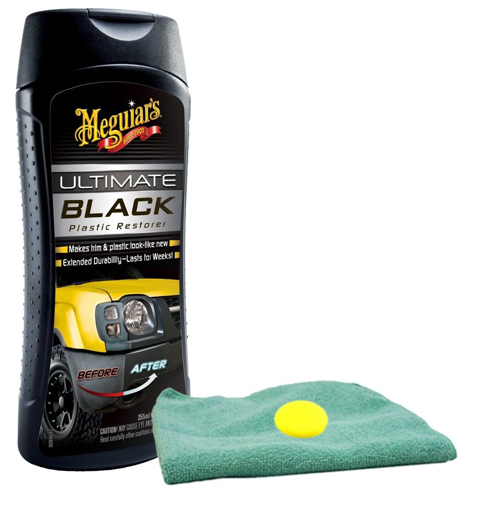 Meguiar's bottle front packaging showing label and included cloth for easy application benefit
