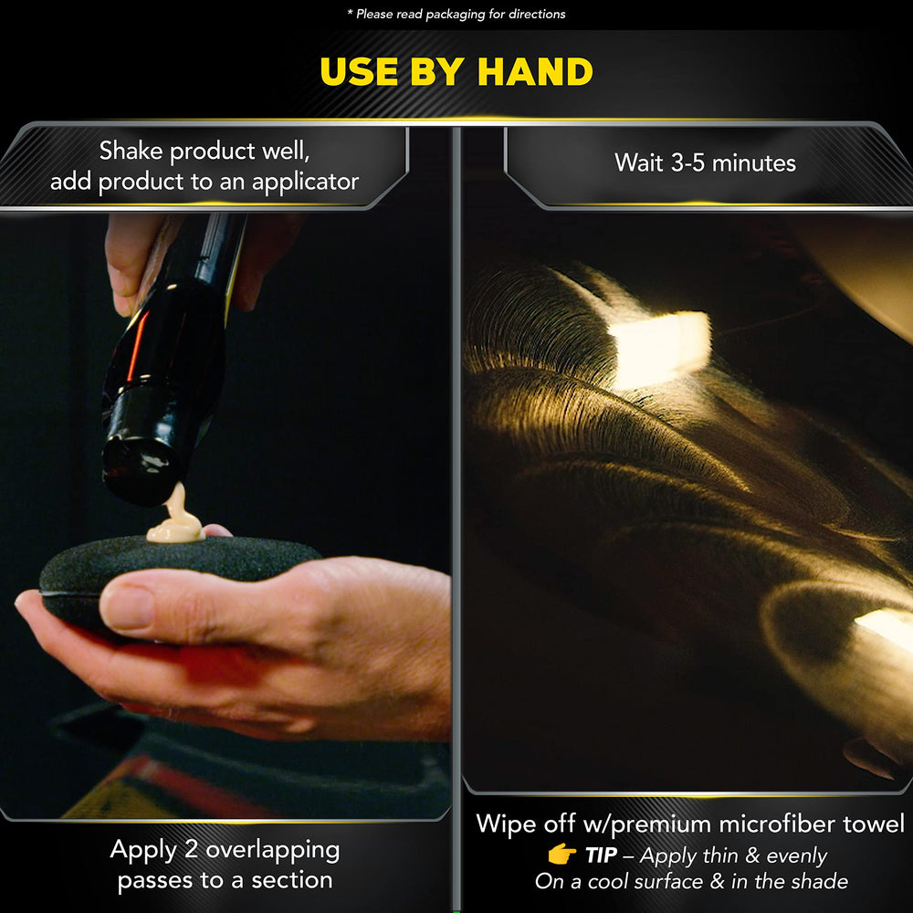 Meguiar's microfiber buffing revealing glossy finish and no residue