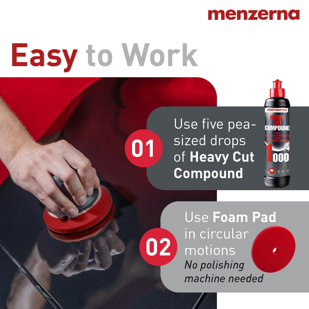 menzerna compound on red heavy cut pad ready for fast defect removal