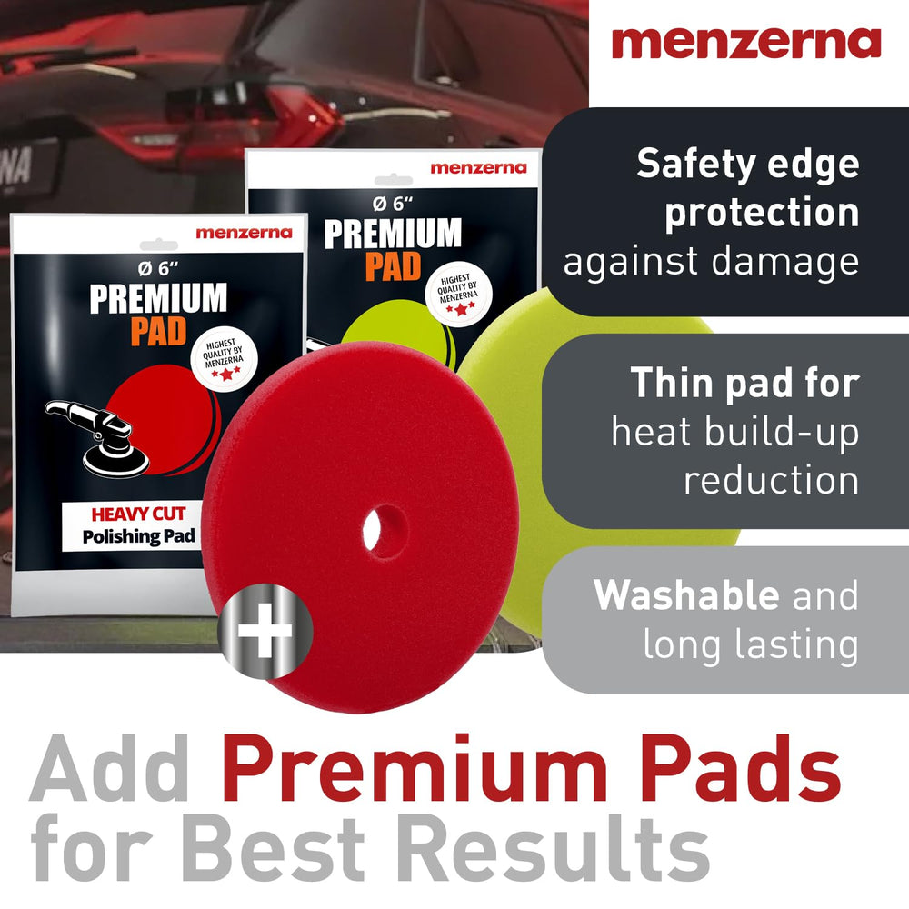 menzerna polishing pads next to bottle showing compatible red and green pad benefit